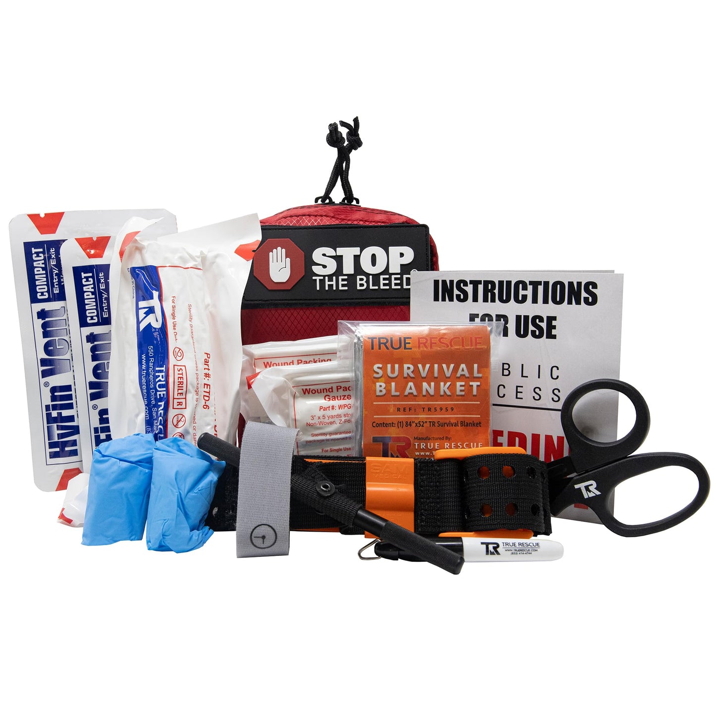 True Rescue Stop The Bleed Kit Individual with Tourniquet (SAMXT Intermediate). Designed to Control Bleeding W/Choice of Tourniquet & Kit Level. Made in Accordance of Stop The Bleed Guidelines.