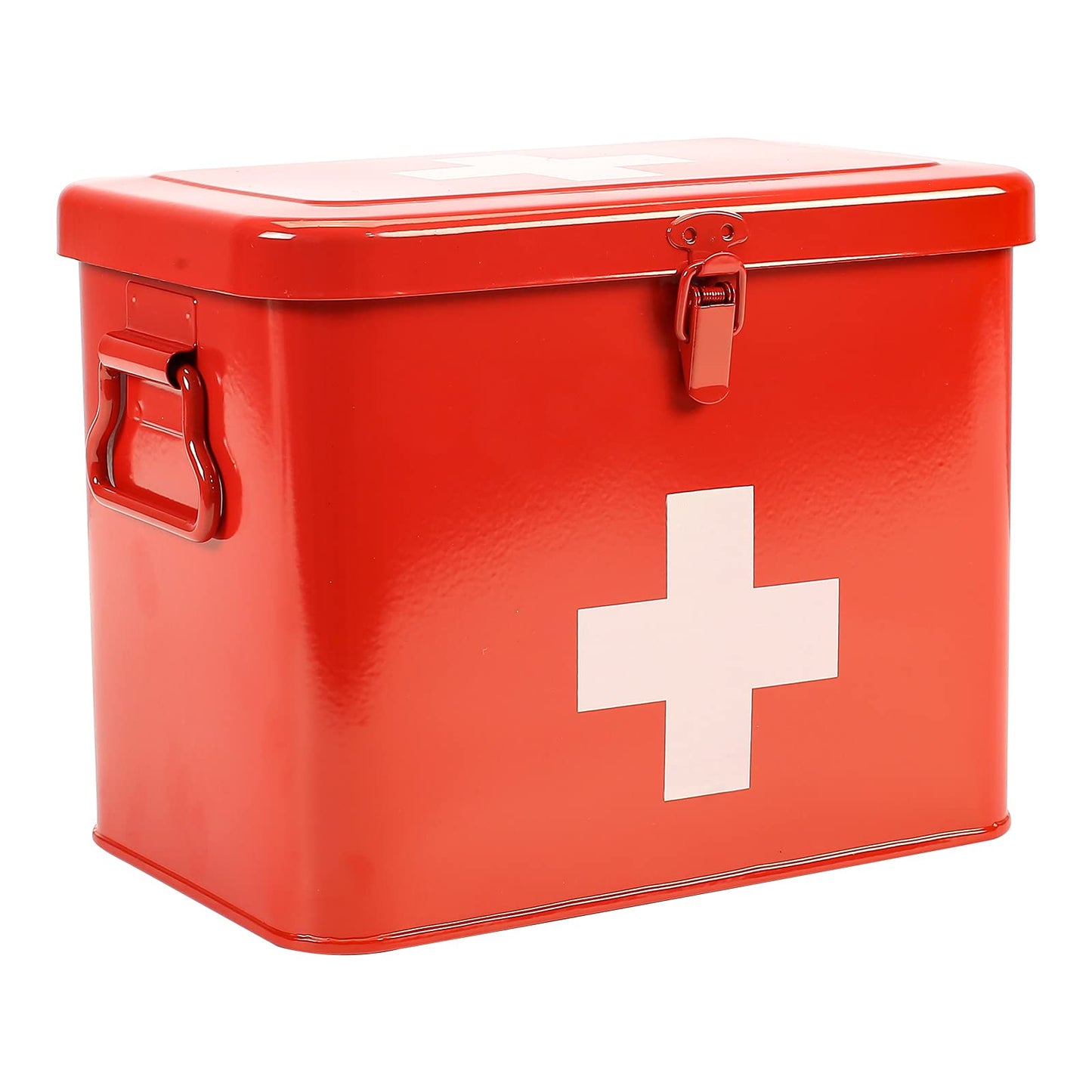 Xbopetda First Aid Kit First Aid Medicine Supplies Bin - 2-Tier Metal Medicine Storage Tin Samll First Aid Box with Removable Tray for Home & Workplace Emergency Tool Set - Red
