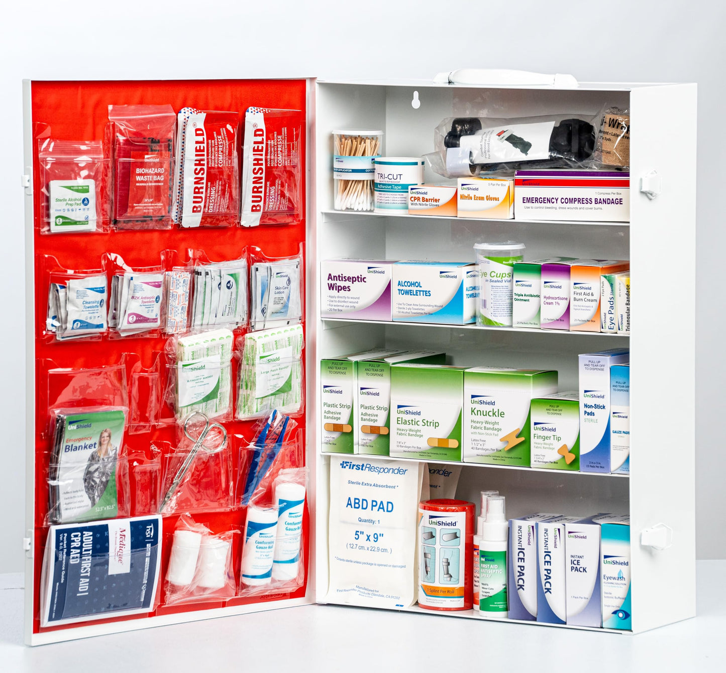 UniShield 4-Shelf Metal 1st Aid Cabinet Class B Large Capacity First Aid Wall Mount Medicine Cabinet Secure Metal Med Box with Easy Access Exceeds OSHA/ANSI Z308.1 2015 Over 775-Pieces